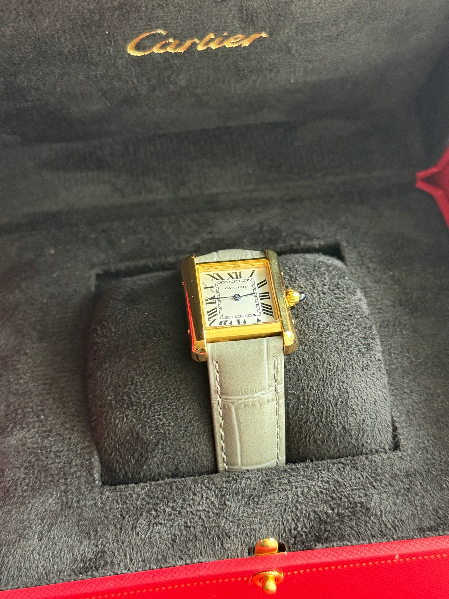 Cartier Tank Louis Silver Roman Dial Yellow Gold Case, Grey Alligator Strap