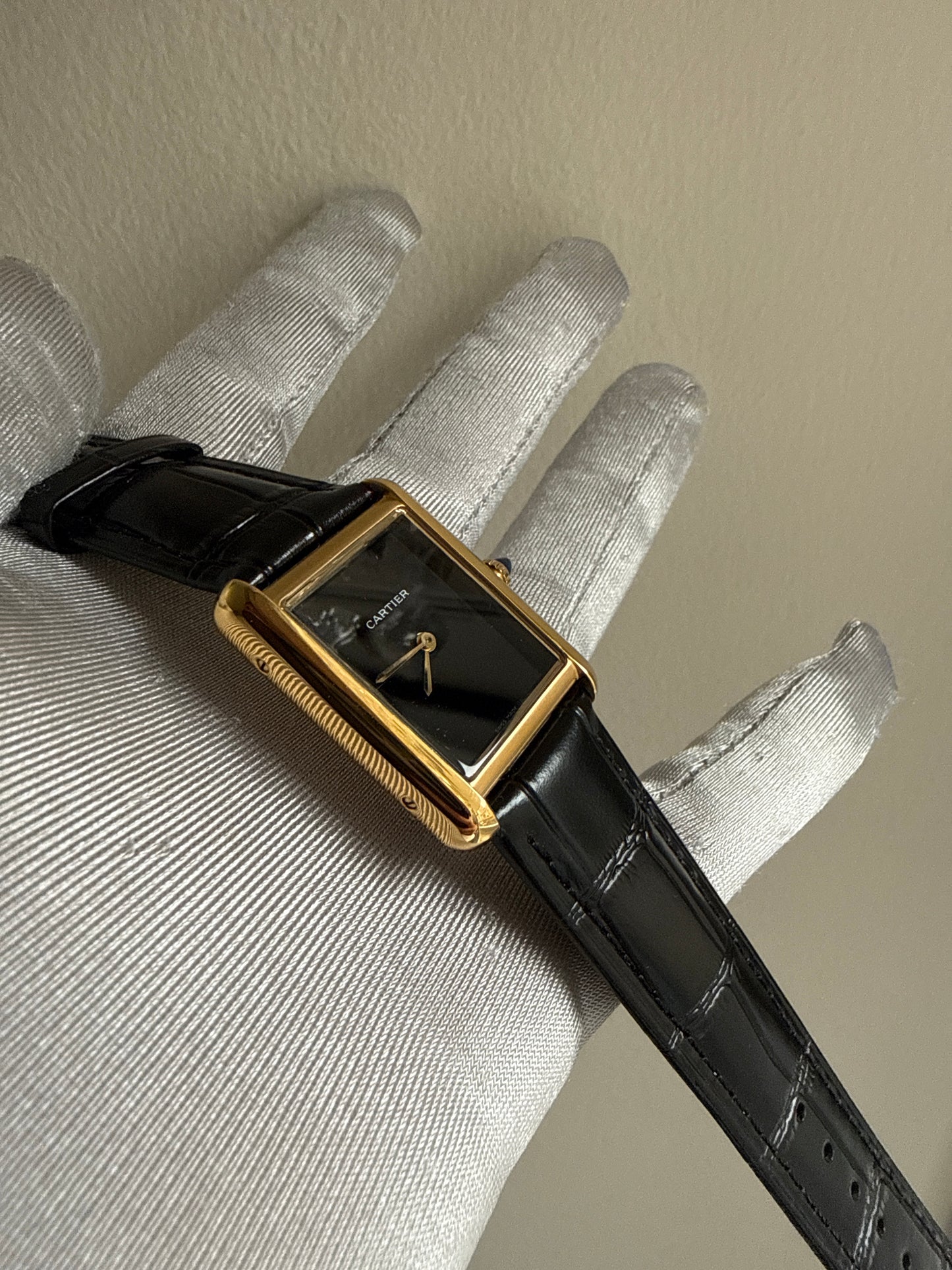 Tank Louis Black Dial Gold Bezel