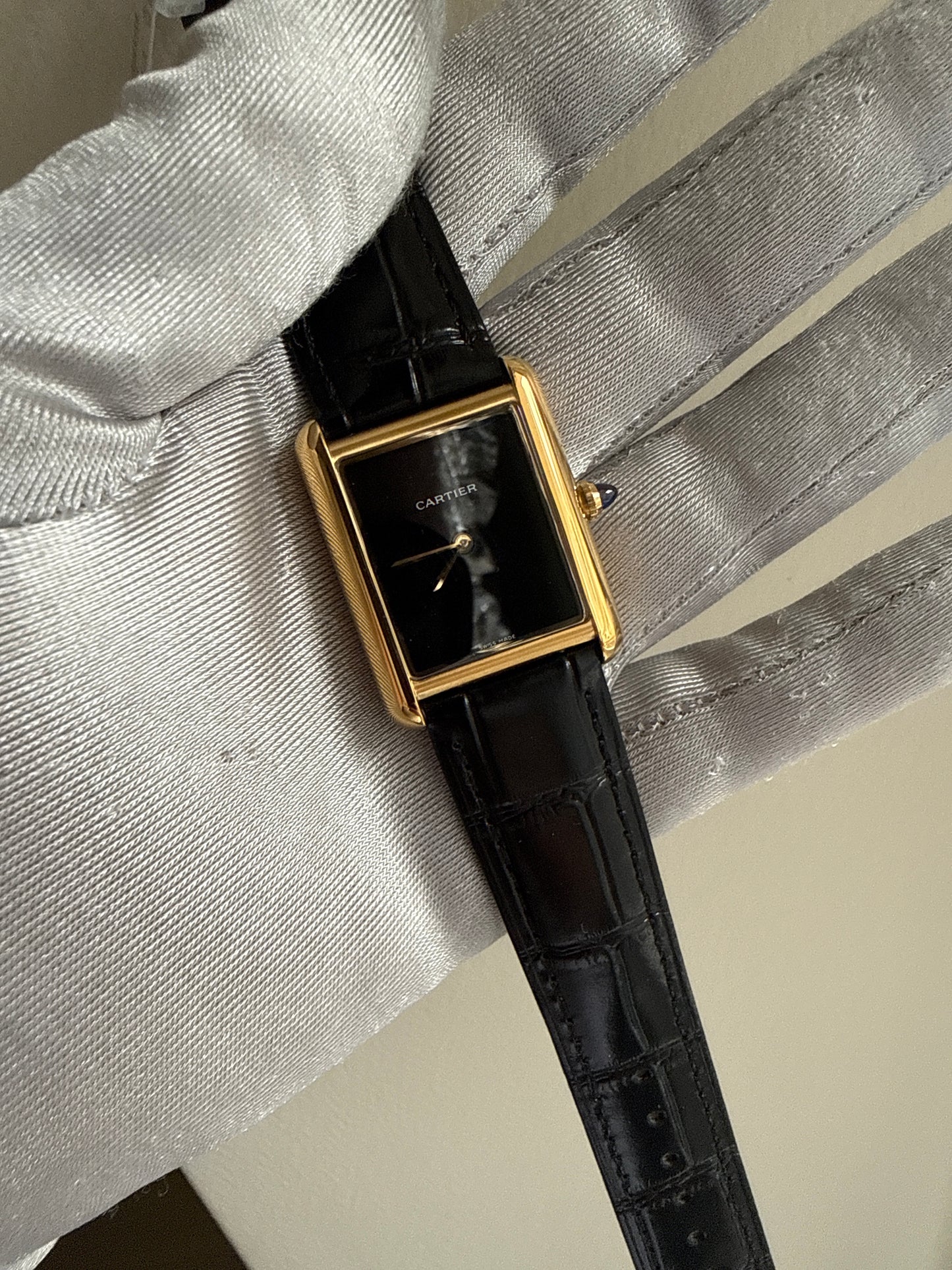 Tank Louis Black Dial Gold Bezel